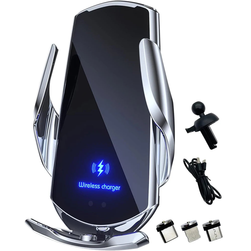Smart Auto-Clamping Wireless Car Charger Mount in Silver – 15W Fast Charging