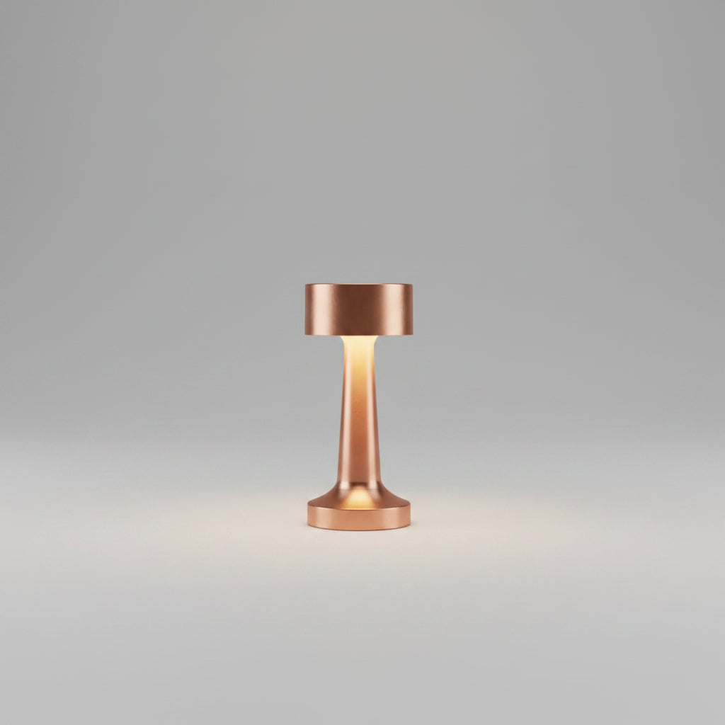 Copper-colored lamp with color temperature control features on a neutral background