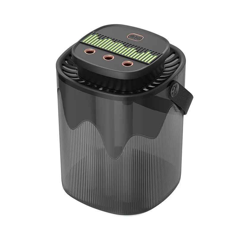 Black air purifier with visible brand logo on a white background