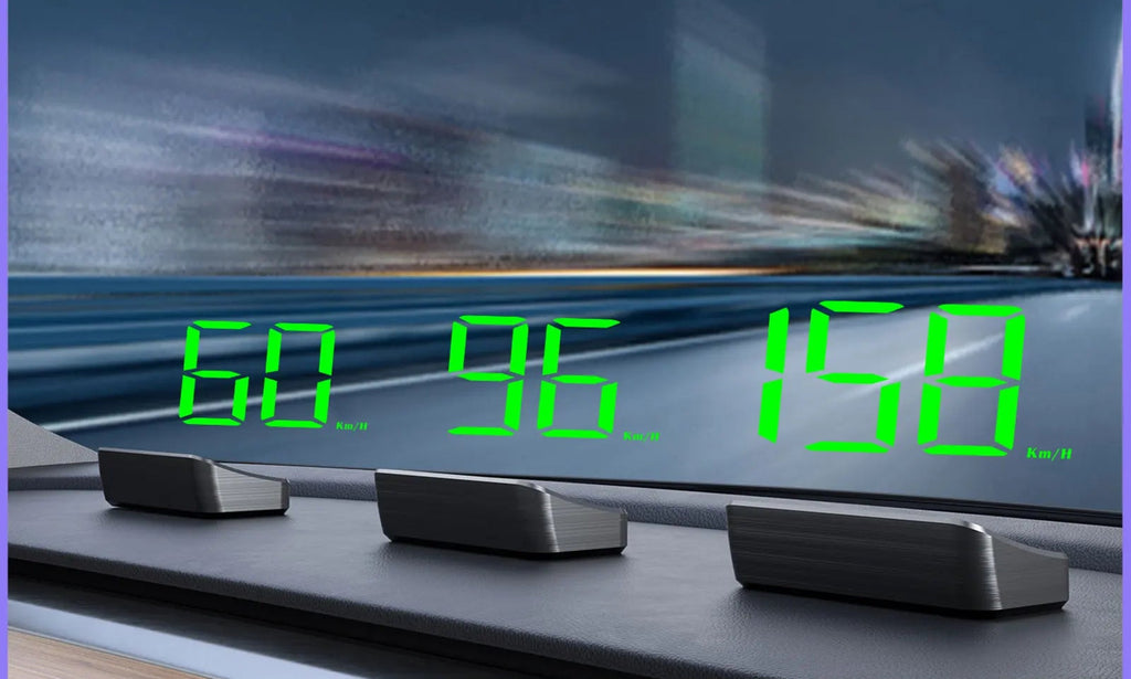 M2 GPS Head-up Display on a car dashboard with text about its compact size and suitability for placement.