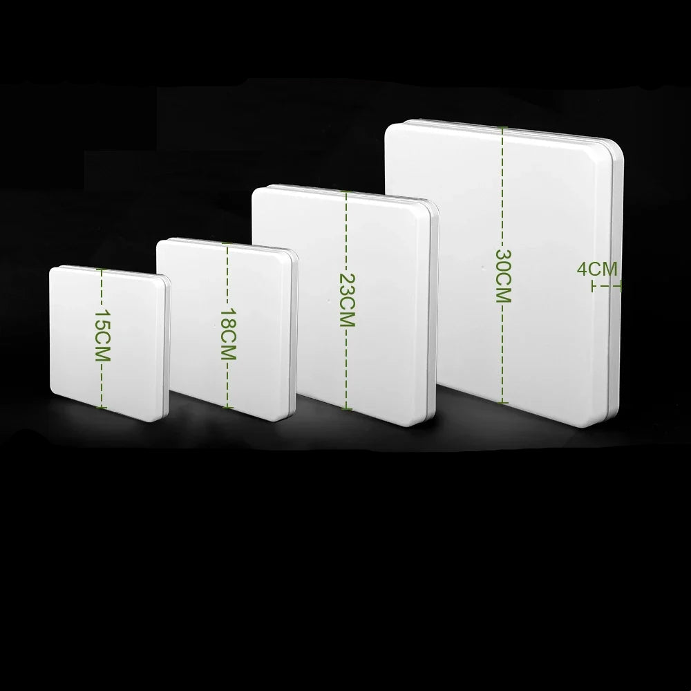 Set of square modern light panels with dimensions and specifications on a black background