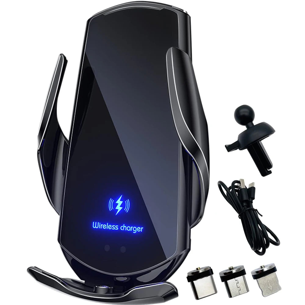 Smart Auto-Clamping Wireless Car Charger Mount in Black – 15W Fast Charging