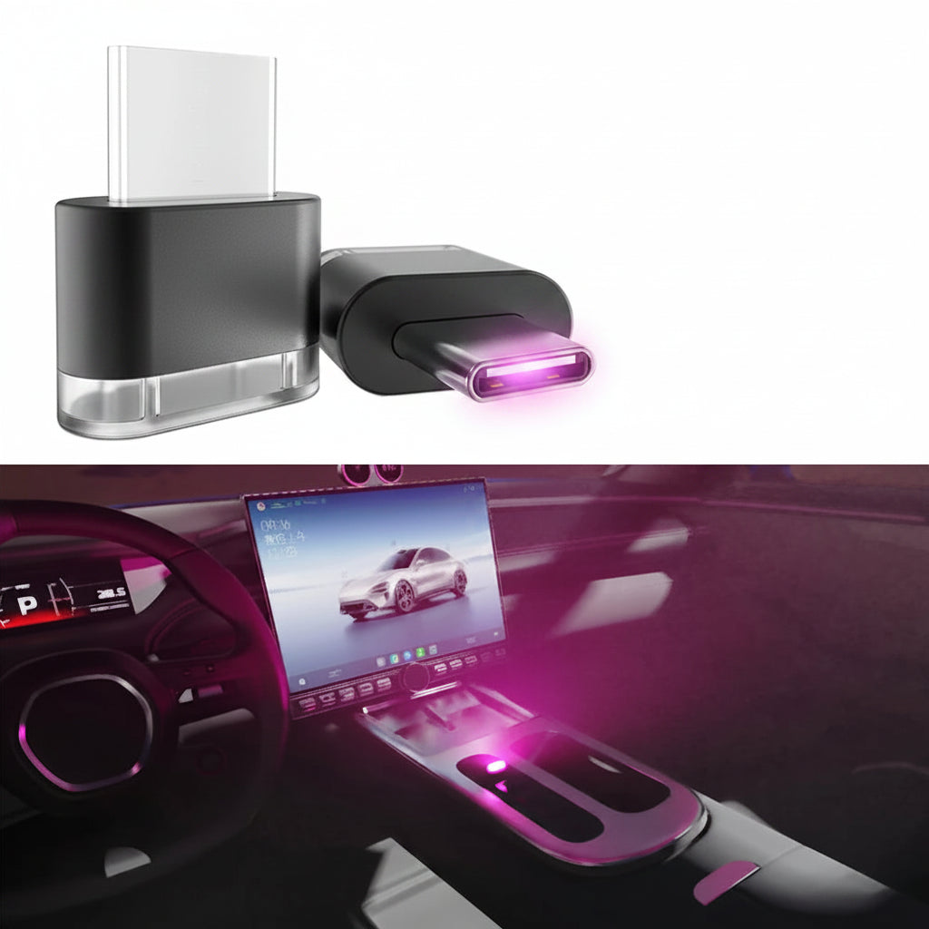 Type-C colorful ambient light with pink color option in a car interior setting.