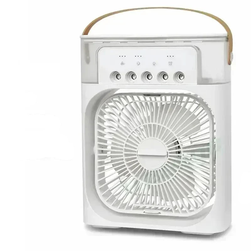 White portable fan with USB humidifier and 7 color light features on a white background