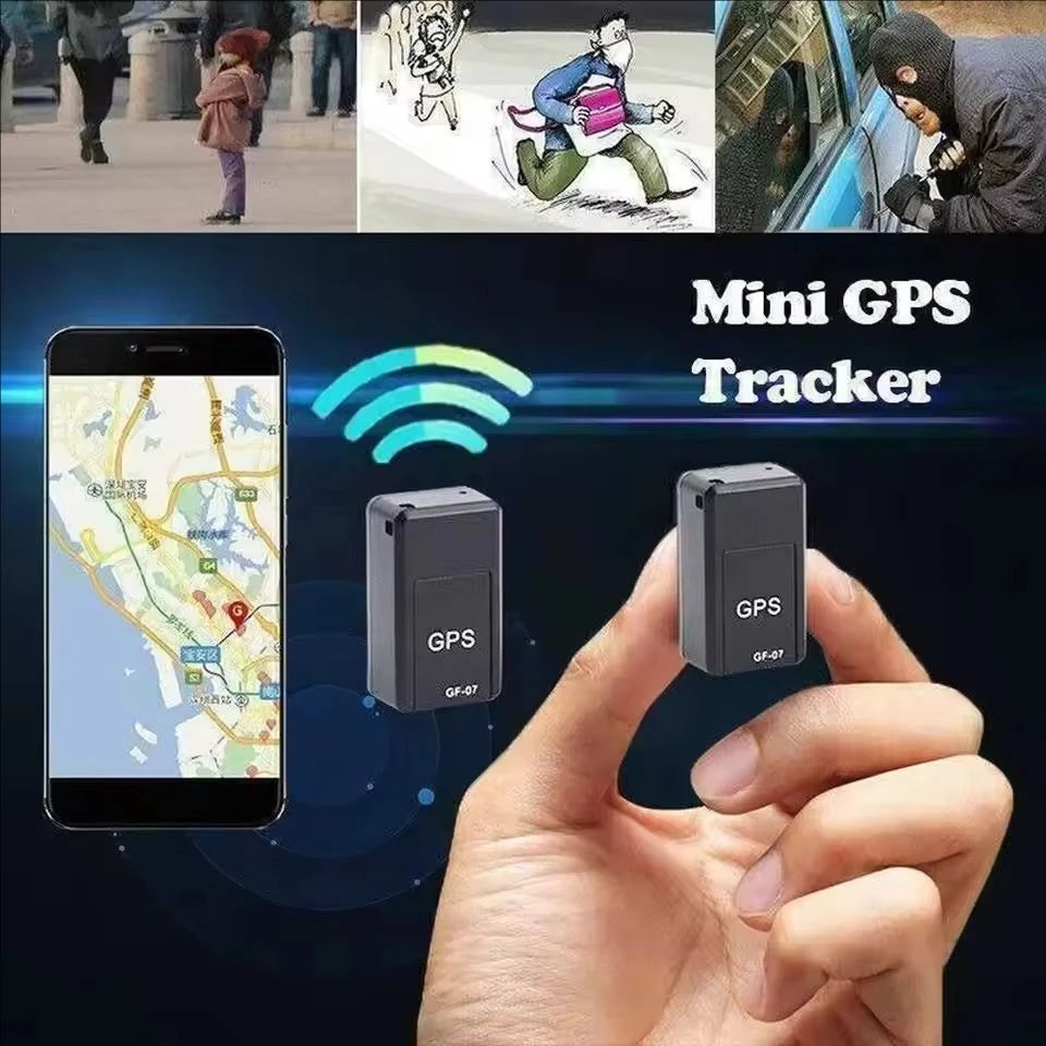Mini GPS tracker with smartphone app interface, hand holding tracker, and illustrations of tracking scenarios.
