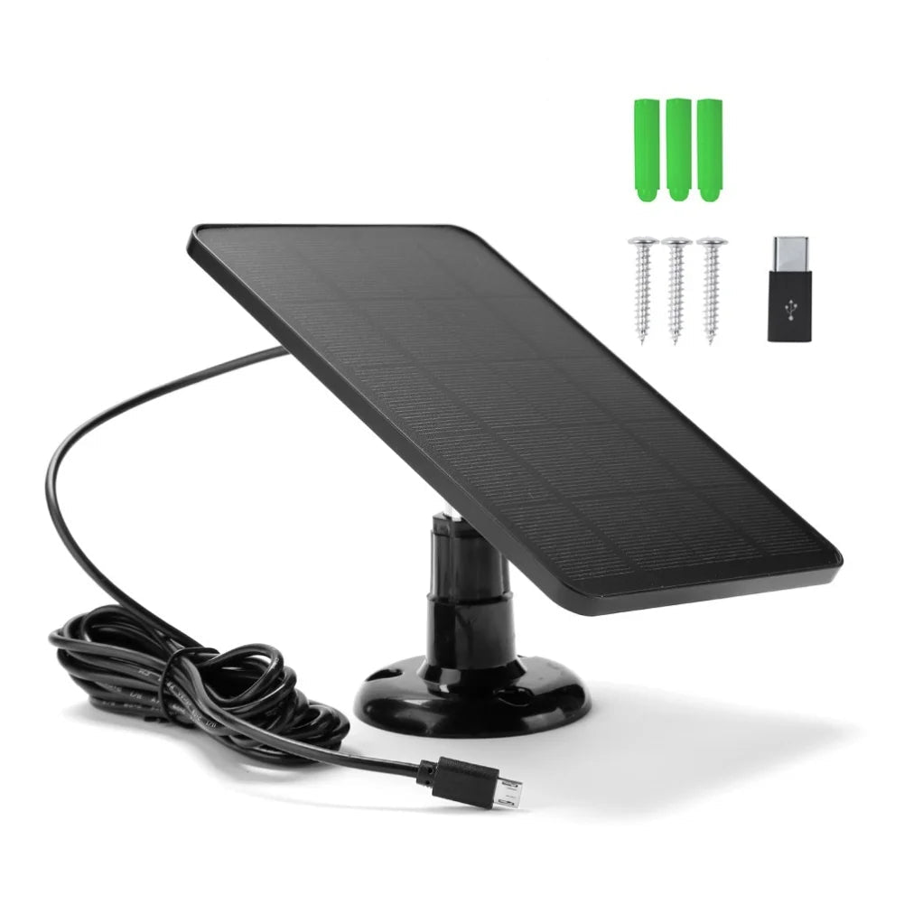 Solar panel with mounting bracket, screws, and USB cable on a white background