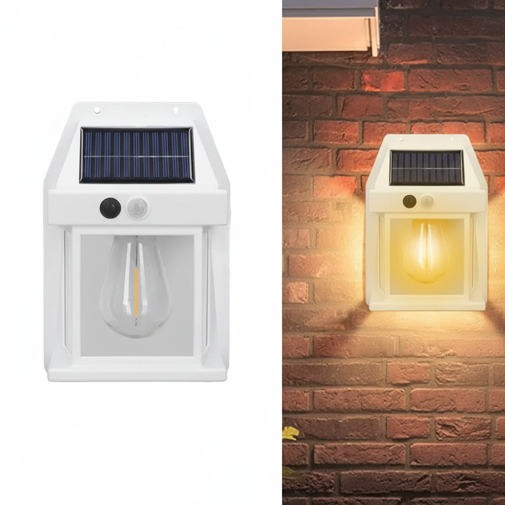 Solar-powered outdoor light fixture on a white background and mounted on a brick wall.