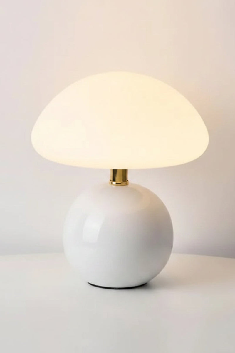 White table lamp with measurements and material details on a light gray background