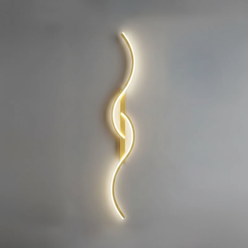 Gold wall-mounted light fixture with dimensions and specifications on a gray background