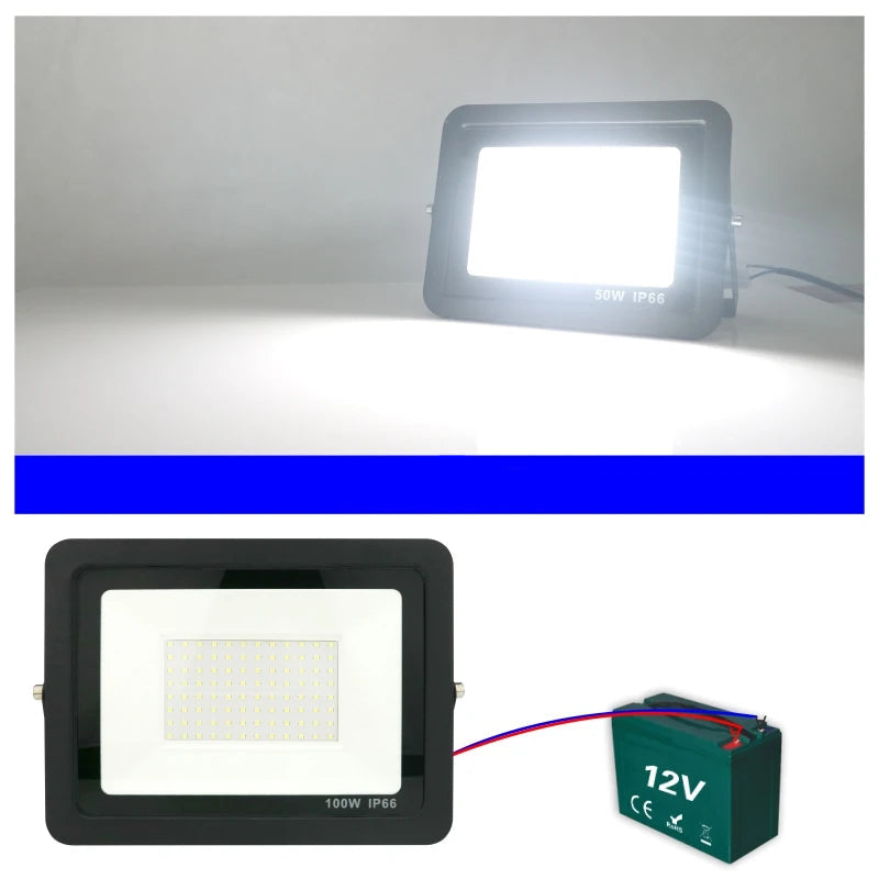 LED flood light with battery pack and text on a white background