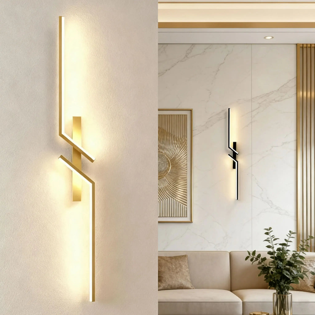 Modern wall sconces in a living room setting with a neutral color palette.