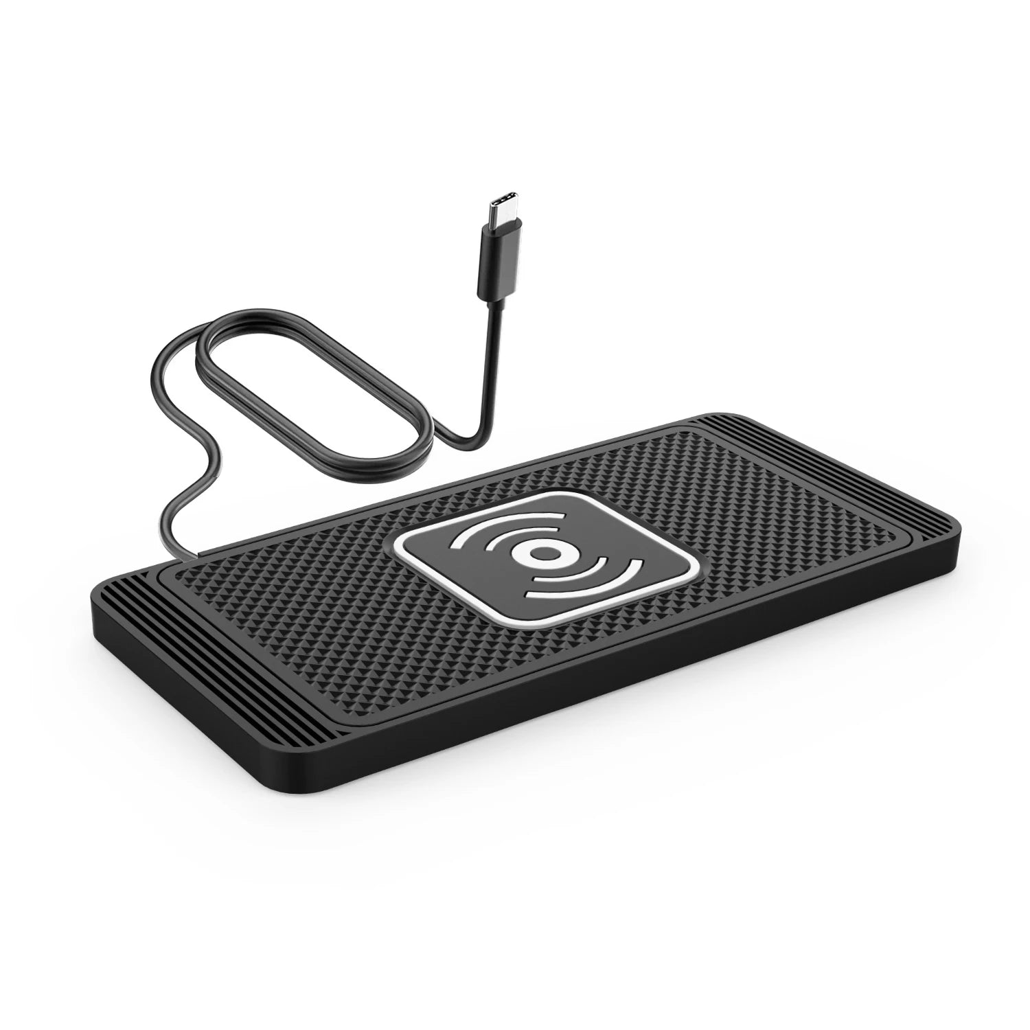 Black wireless charging pad with USB cable on a white background