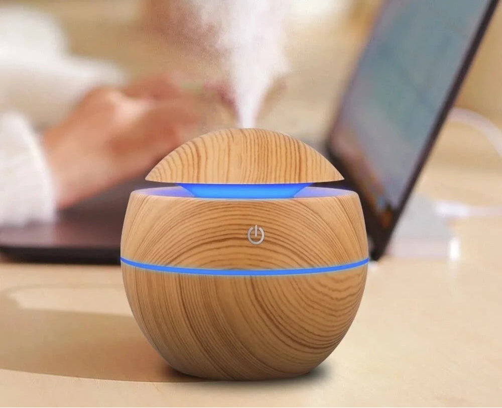 Mushroom USB Humidifier & Aroma Diffuser – Wood Grain with Colour LED Night Light
