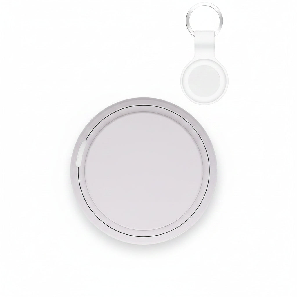 Round white object with a keychain attachment on a white background