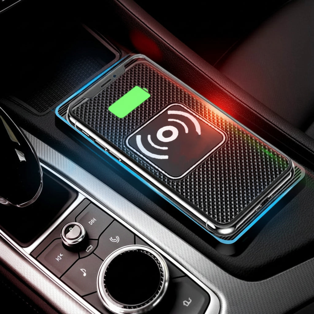15W wireless charger with glowing indicators on a dark background