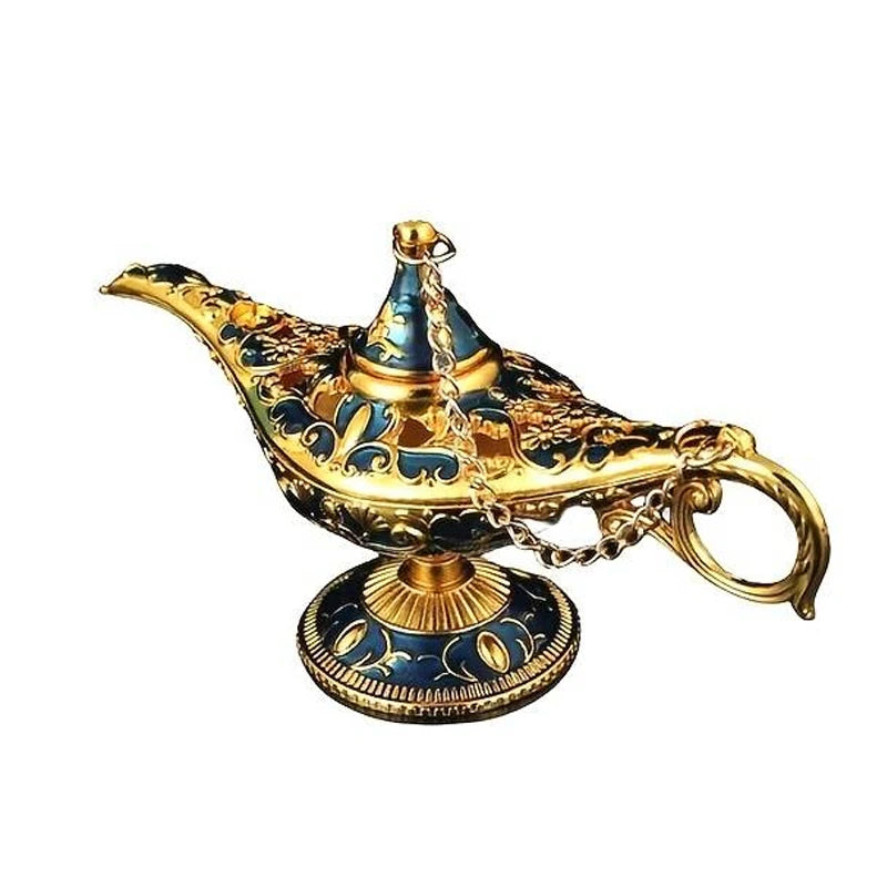 Decorative gold and blue lamp with intricate designs on a white background