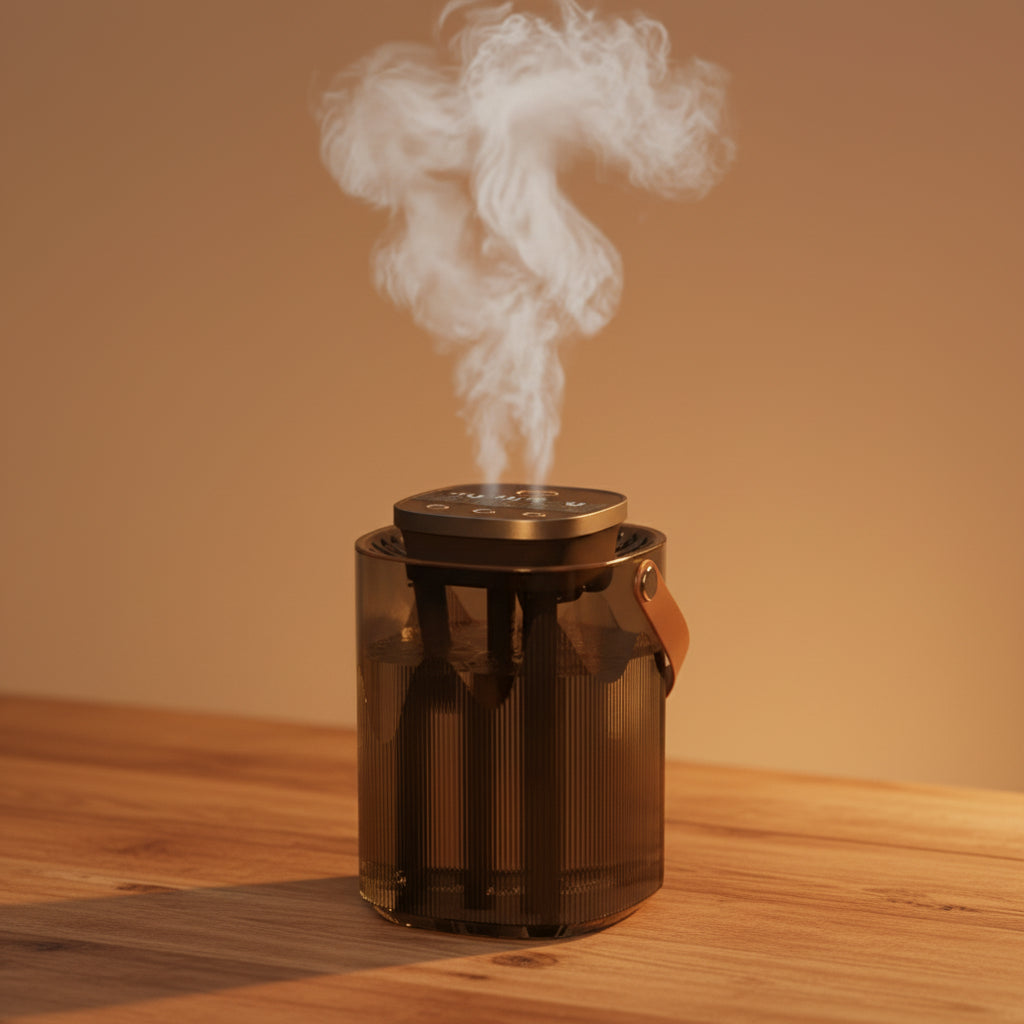 Black humidifier emitting steam on a brown background with text highlighting features.