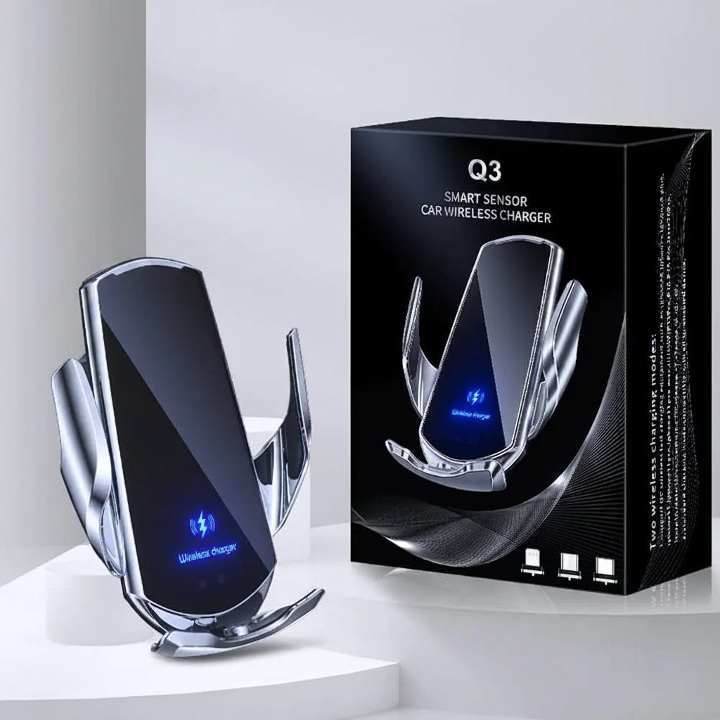 Smart Auto-Clamping Wireless Car Charger Mount in Silver – 15W Fast Charging