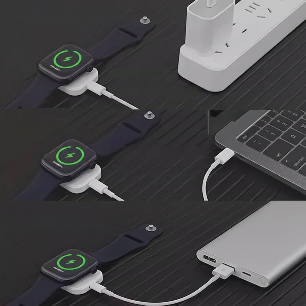 Smartwatch being charged with a PD charger, laptop, and power bank on a dark surface.