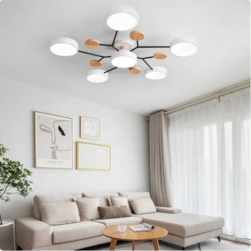 Modern living room with a chandelier, sofa, and decor elements.