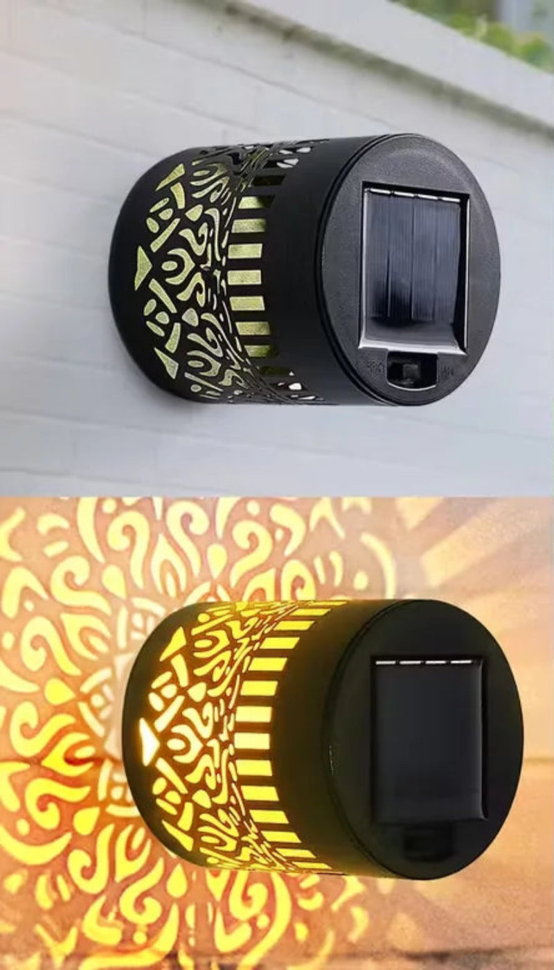 Solar light with charging and lighting duration text on a scenic background
