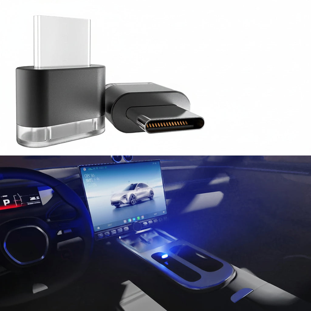 Type-C adapter with colorful ambient light feature, shown in use on a car dashboard.