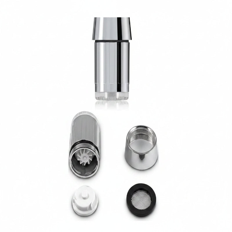 Set of silver kitchen faucet components on a white background