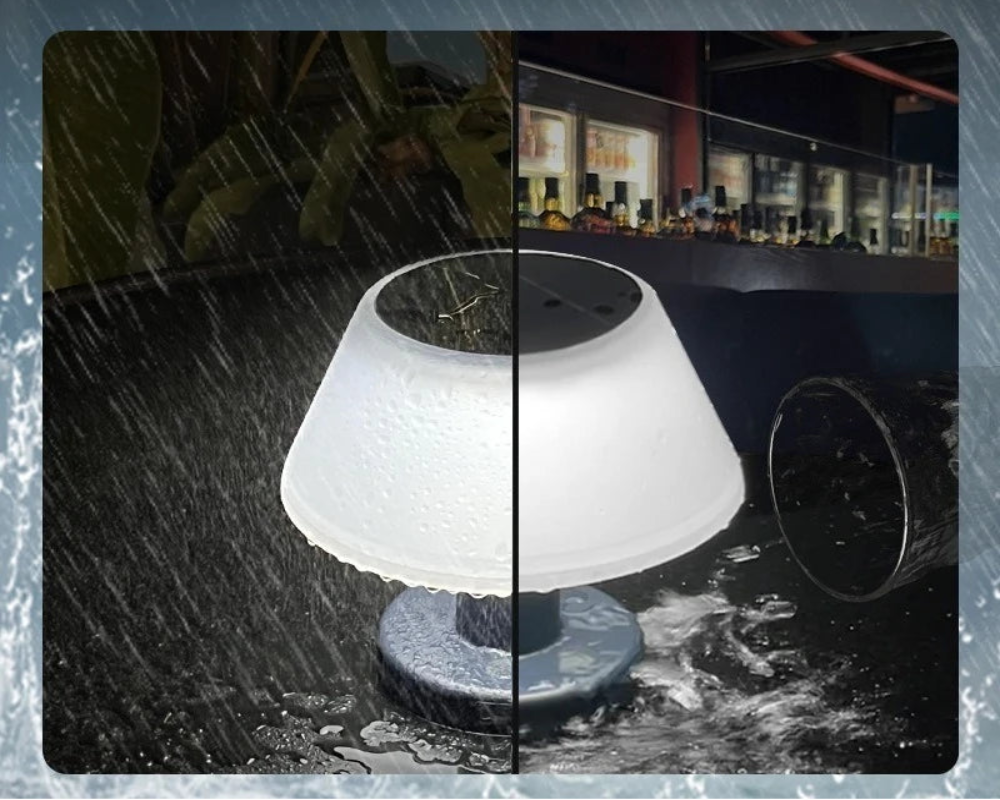 Outdoor waterproof table lamp with a white conical shade and gray base, shown in a split-screen rain test graphic with text reading 'Waterproof & Moisture-Proof for Outdoor Use, Resistant to Rain and Splashes'.
