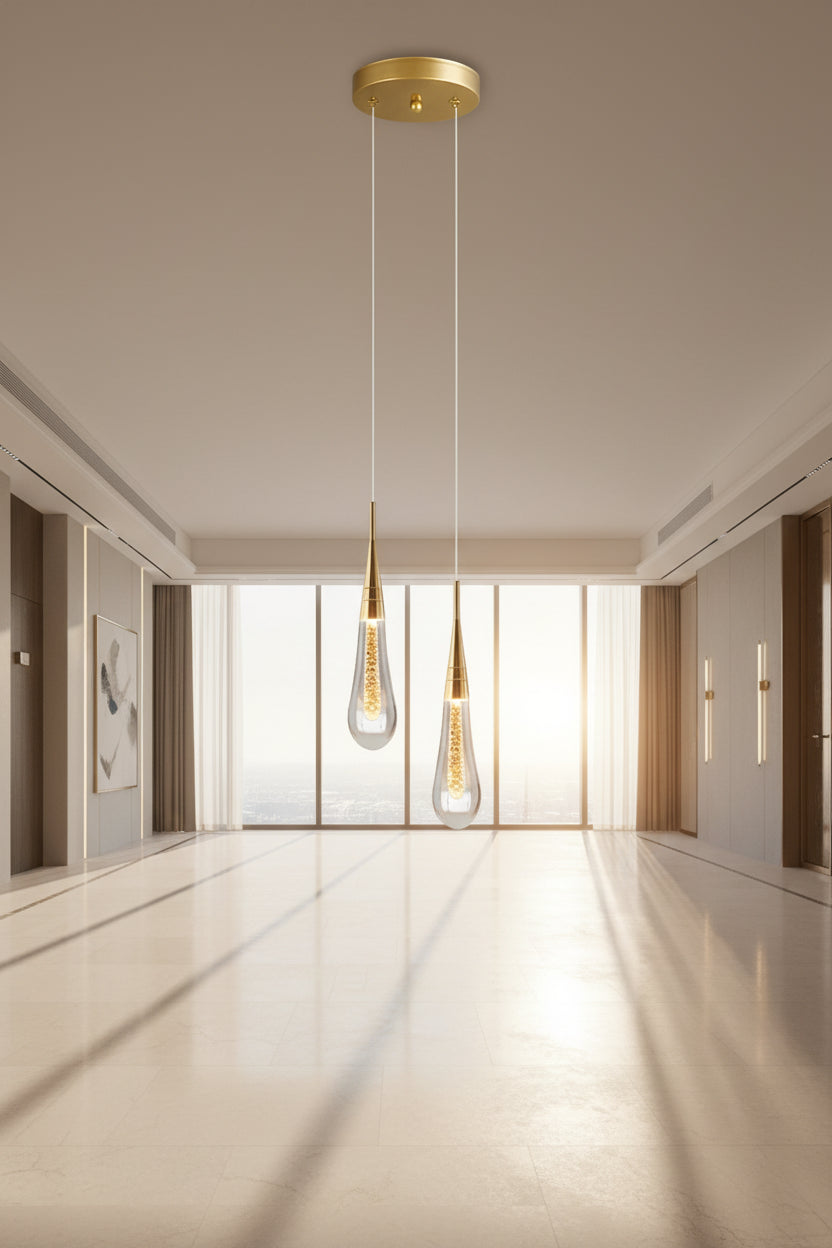 Modern pendant light with dimensions and a wall switch illustration.