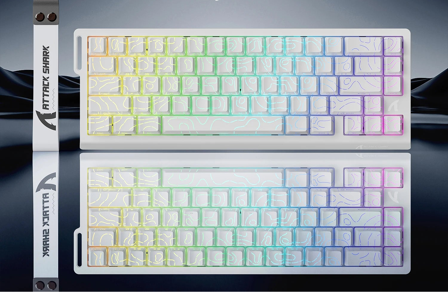 Attack Shark keyboard with colorful backlit keys on a dark background