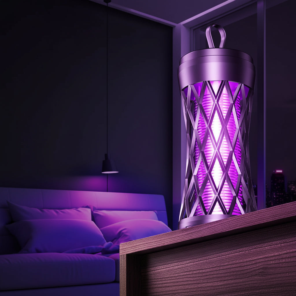 Mosquito killer lamp with purple light on a window sill, labeled as 'expensive' and 'super strong'.