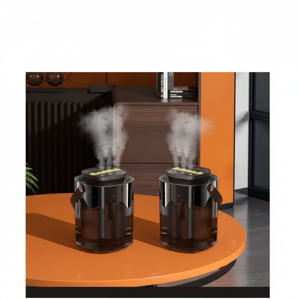 Two black humidifiers emitting steam on an orange table with a kitchen background.