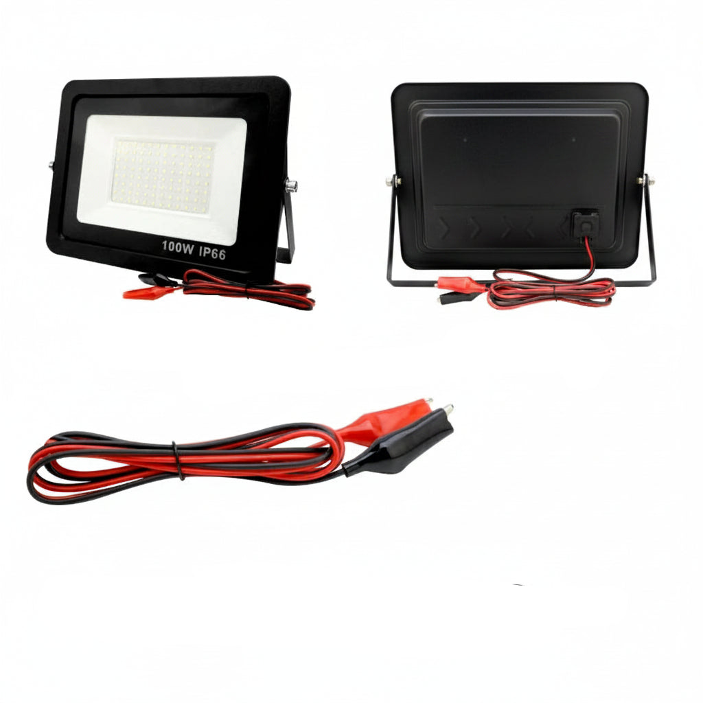 LED flood light with front and back views, cable length indicated, and specifications listed.