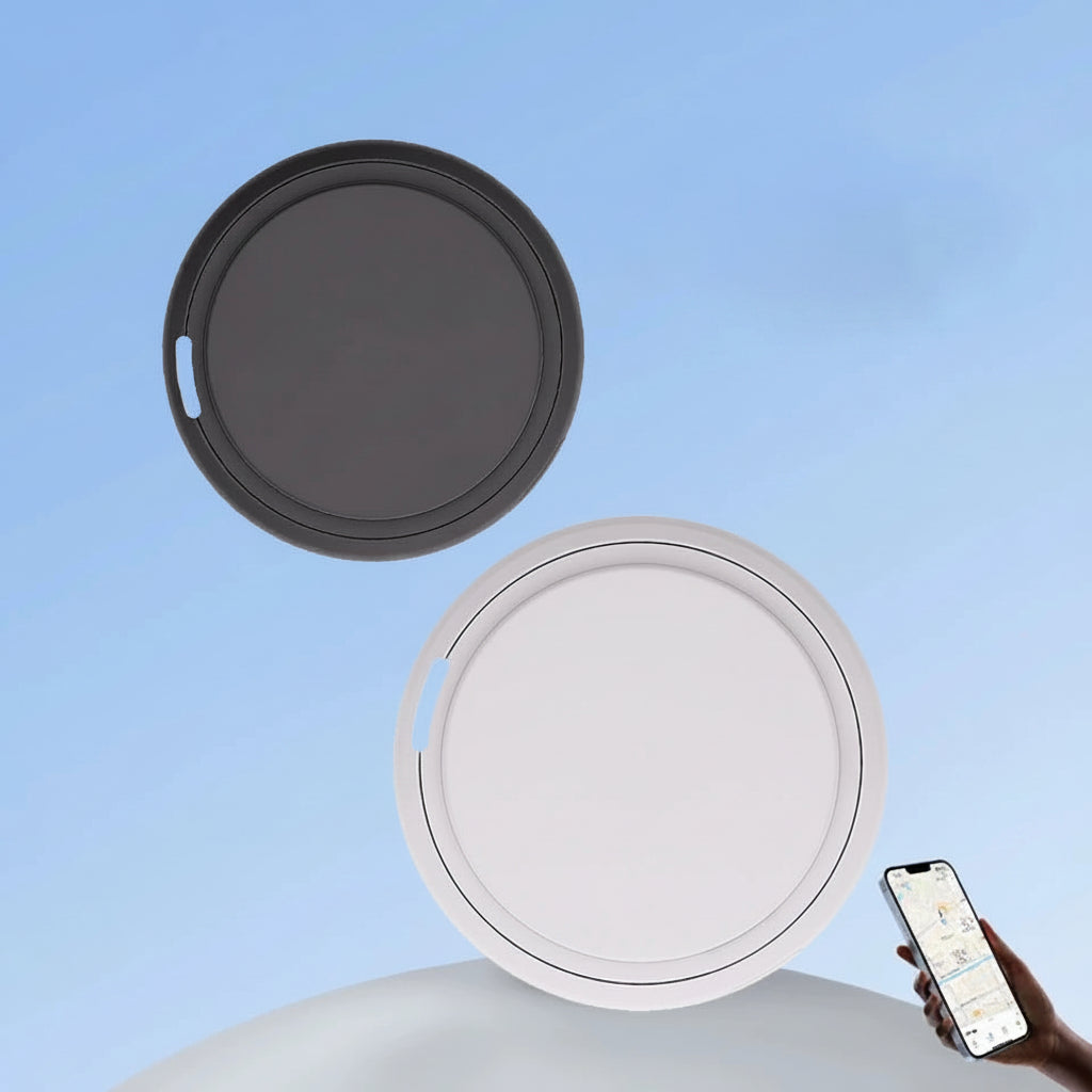 E-ACE Apple location tracking device with features listed on a blue background