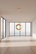 Gold pendant light with measurements on a dark background
