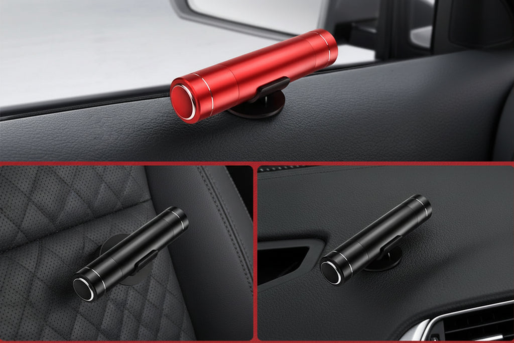 Red and black car mount devices with text on a car interior background