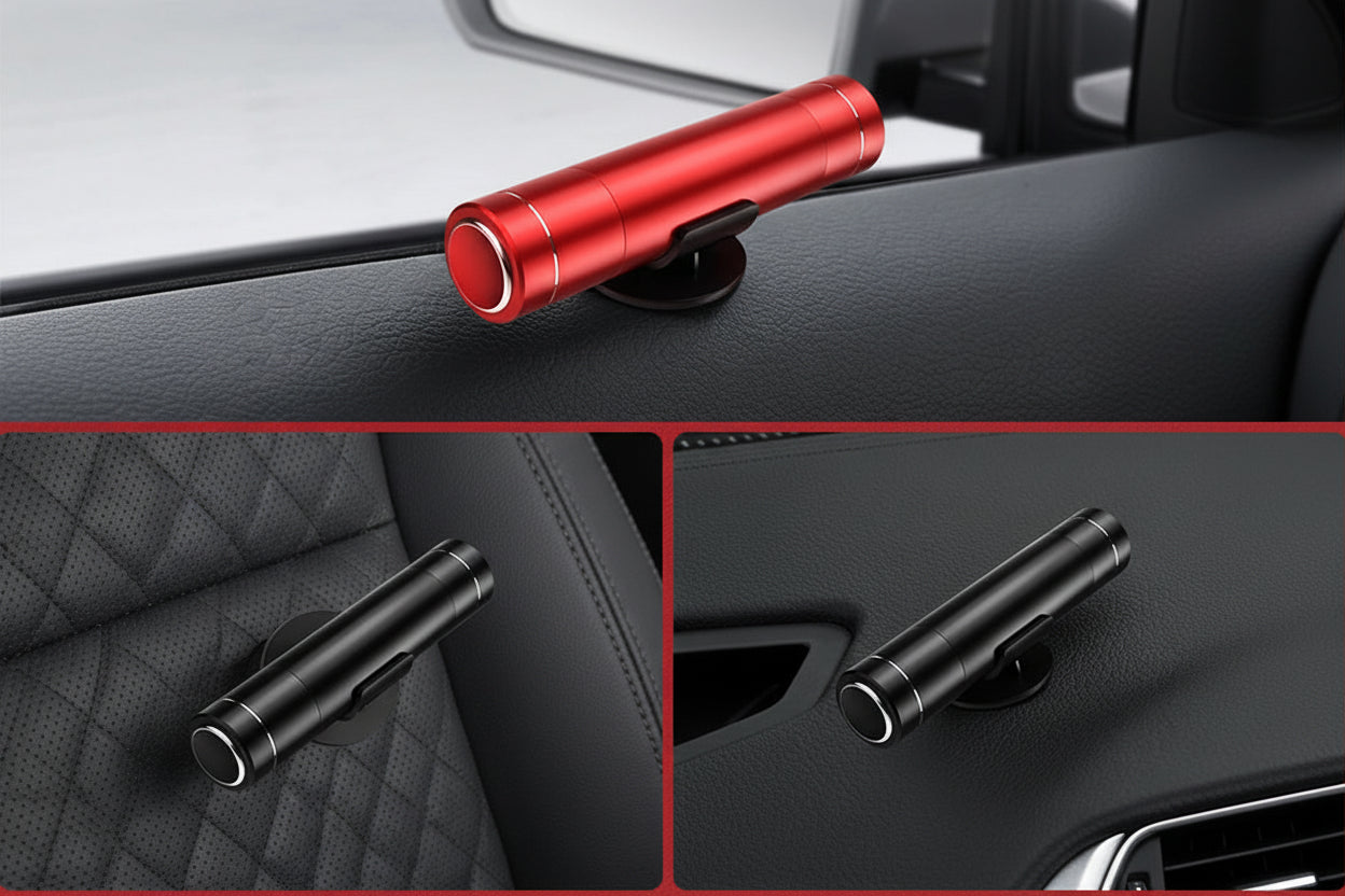 Red and black car mount devices with text on a car interior background
