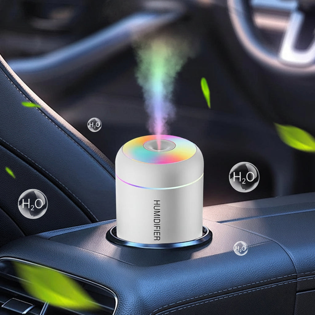 Car humidifier emitting mist with text on air humidity increase, placed on a car dashboard.
