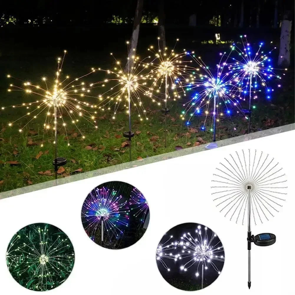 Outdoor decorative lights resembling fireworks on grass with close-up insets of light designs.