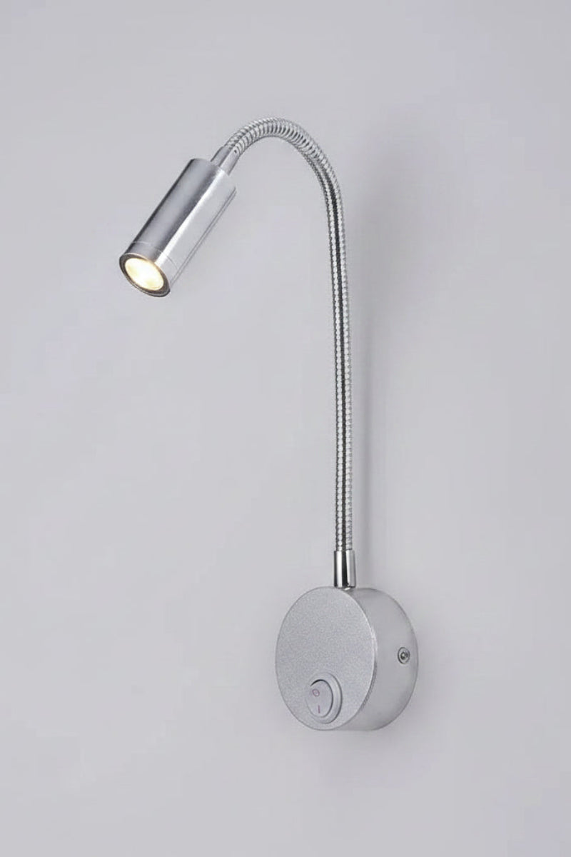 Wall-mounted reading light with flexible arm on a gray background, showing dimensions and features.
