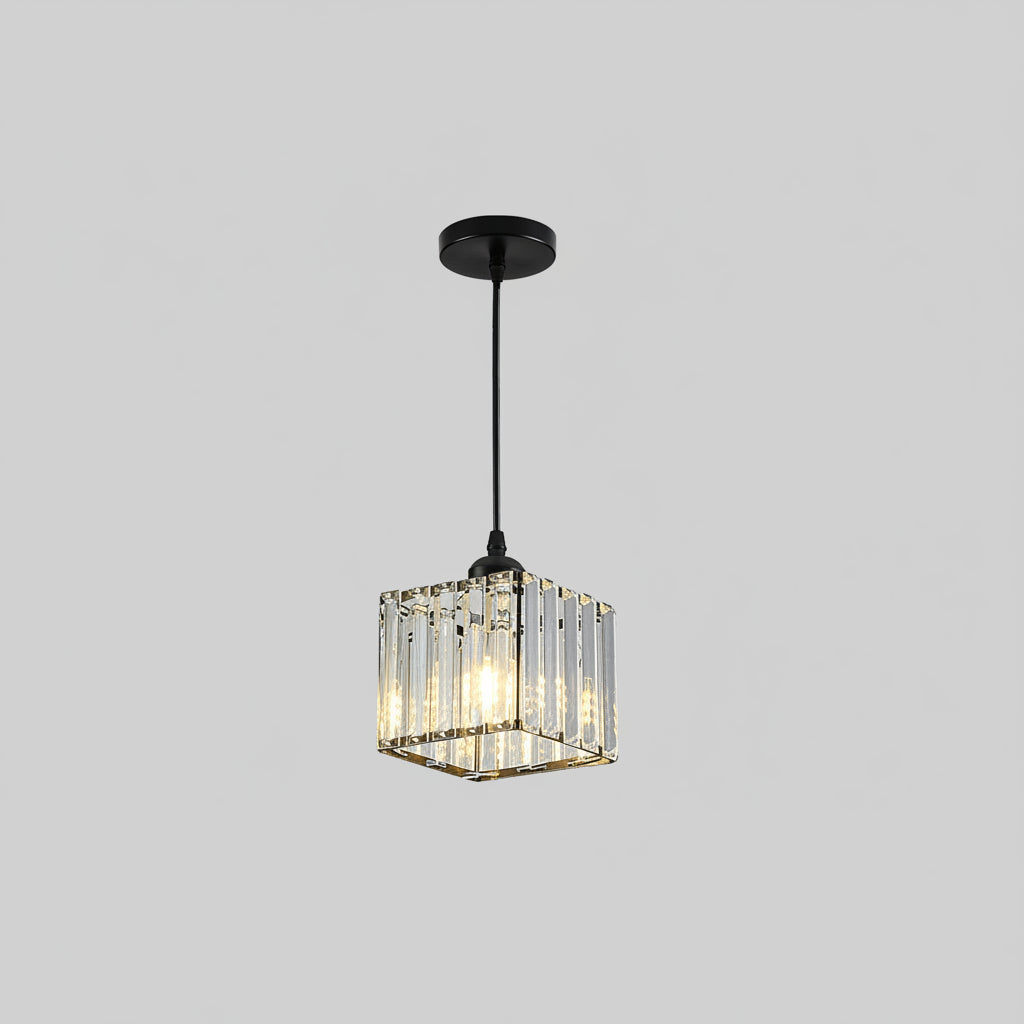 A hanging pendant light fixture with a black metal frame and clear crystal-like vertical bars