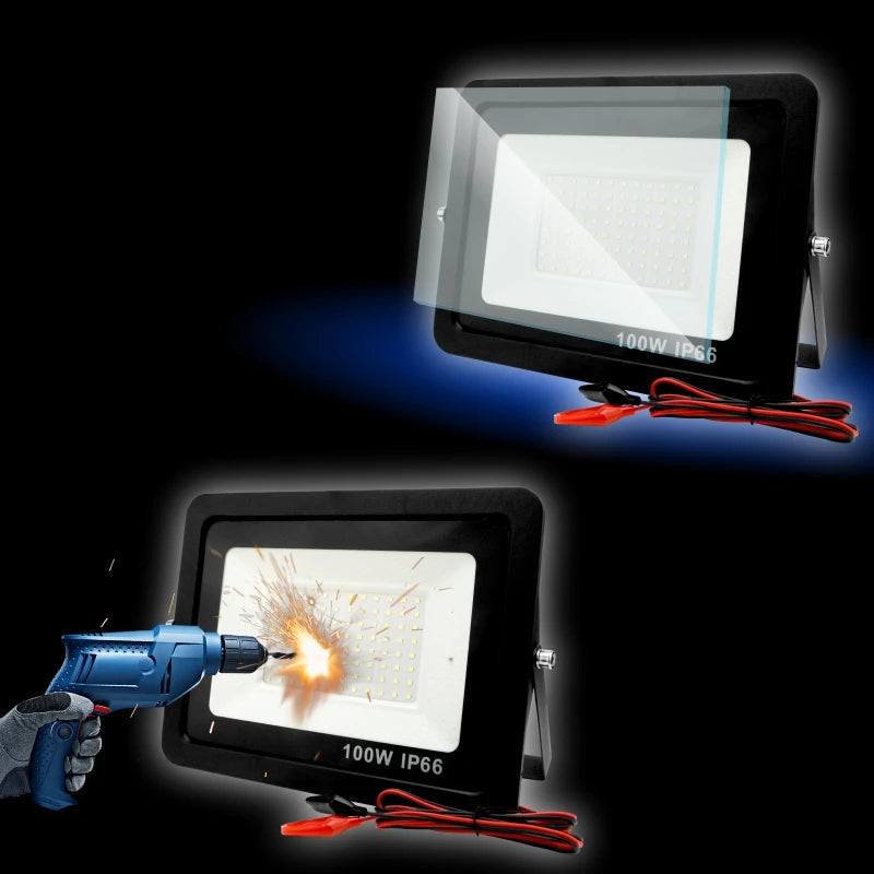LED flood light with tempered glass label and inspection tool on a black background