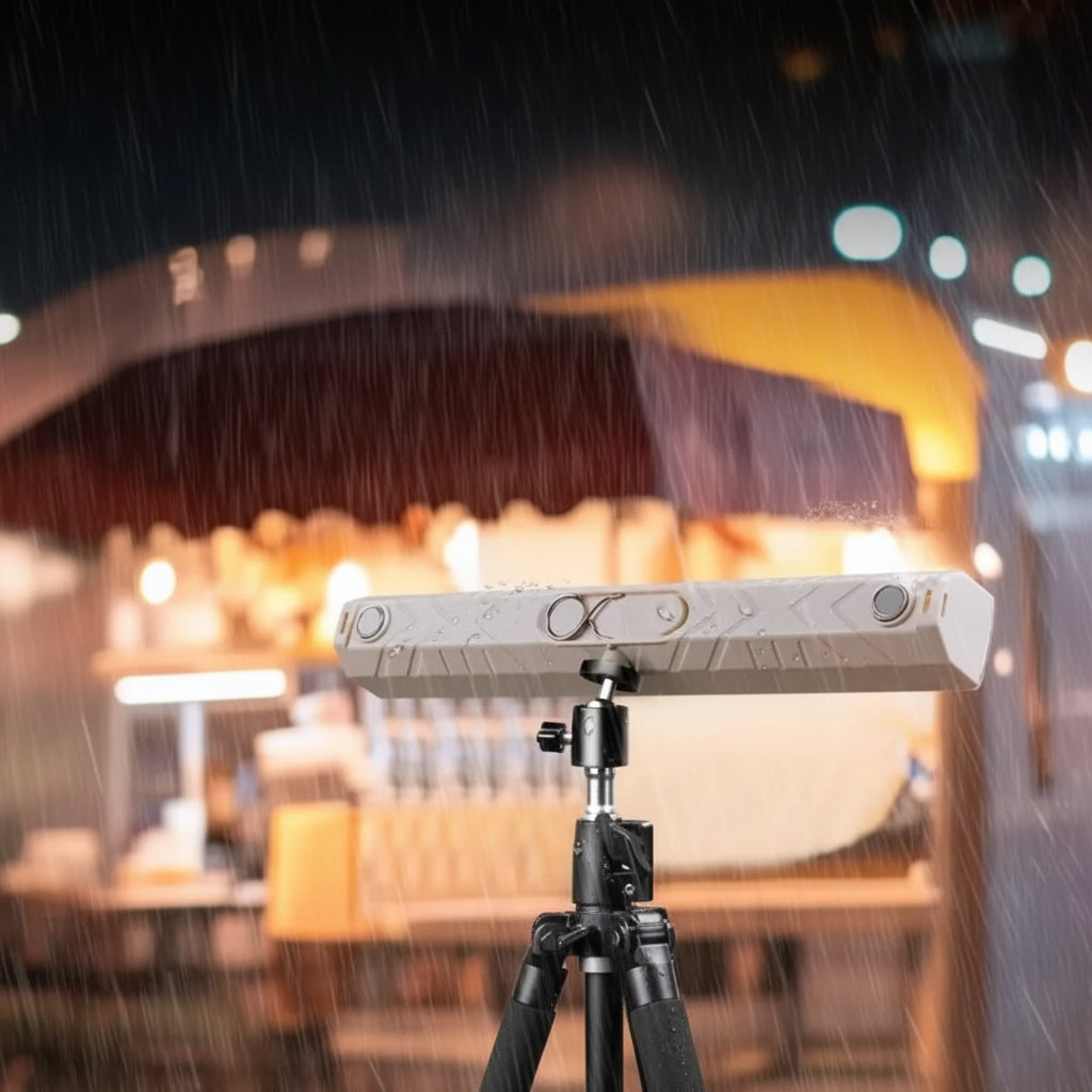 Waterproof device being tested in rain with text 'Not afraid of wind and rainy weather, deep life waterproof'.