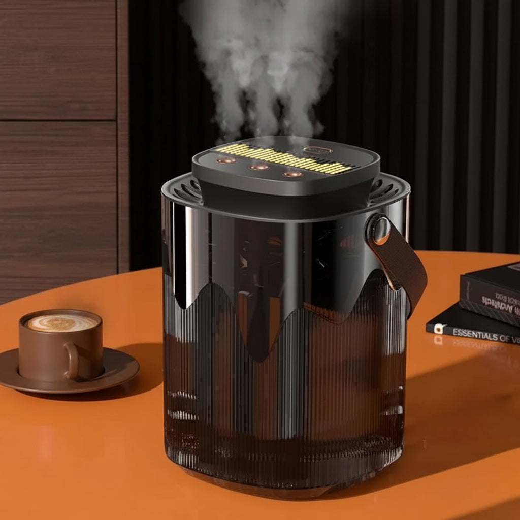 Portable humidifier with features listed on a dark background