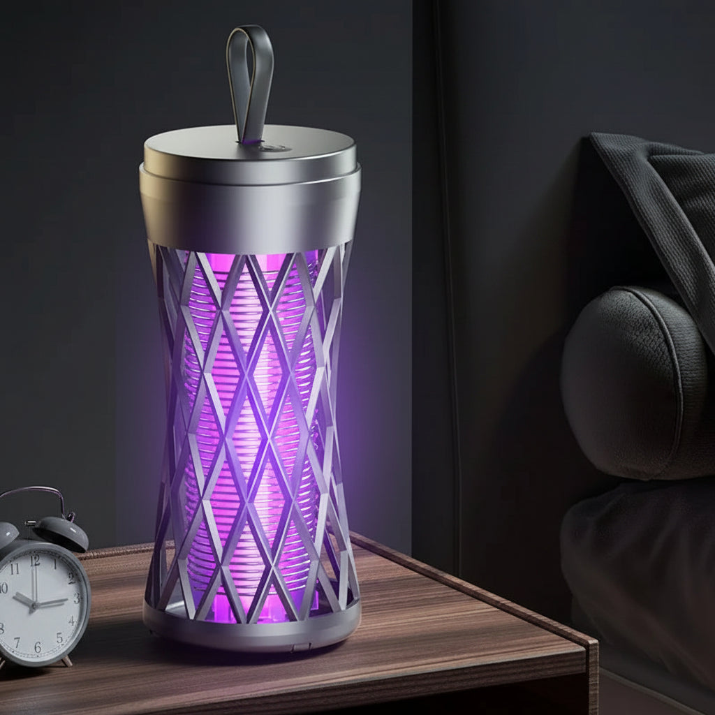 Mosquito killer device with purple light on a wooden surface, text highlighting features.