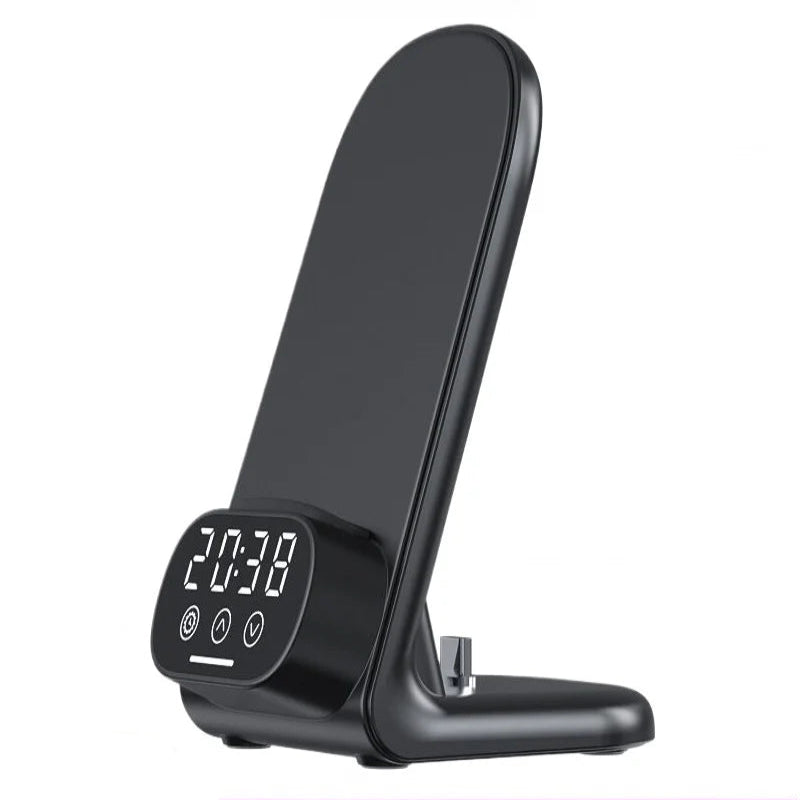 Black 3-in-1 time and wireless charger with digital clock on a white background