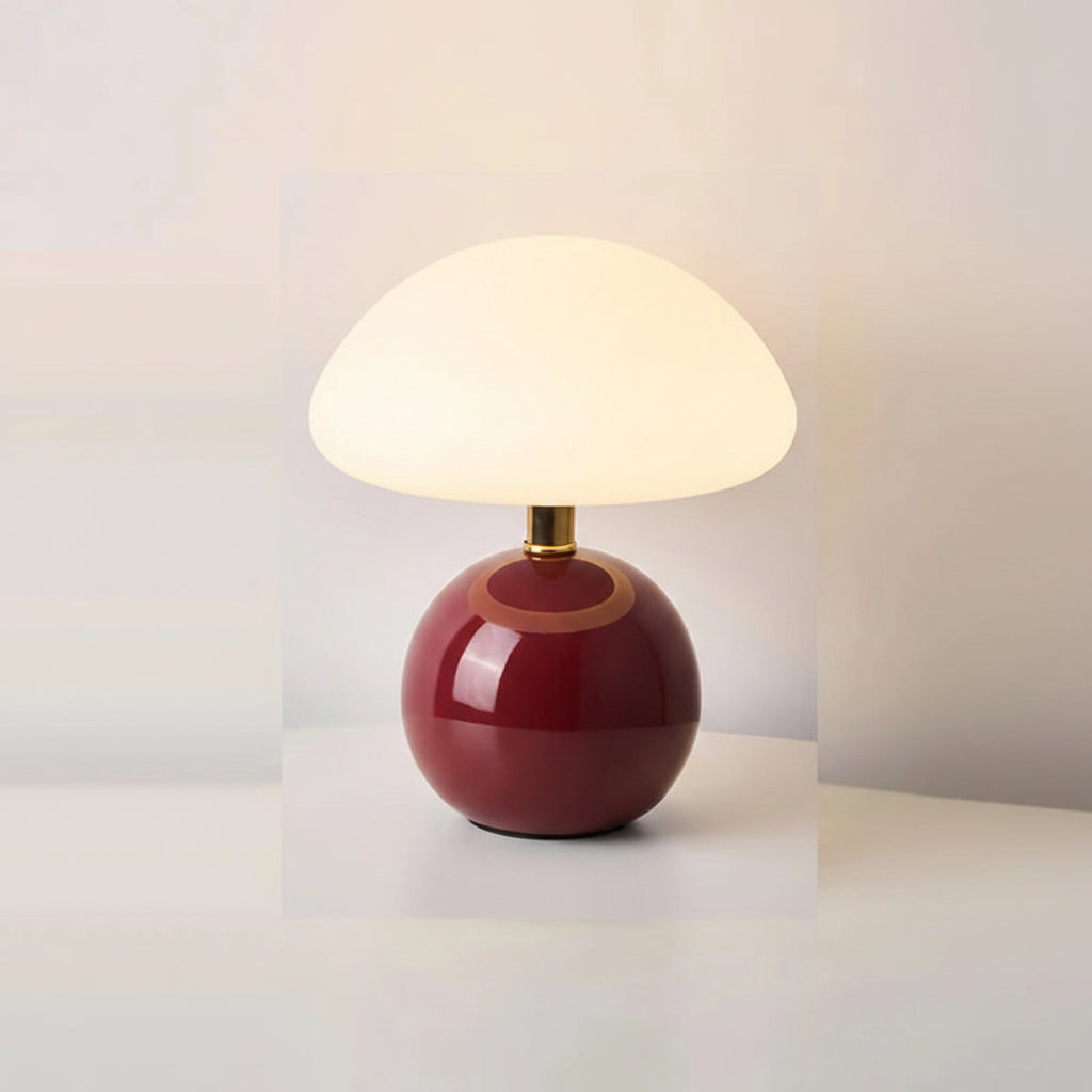 Table lamp with measurements and material details on a white background