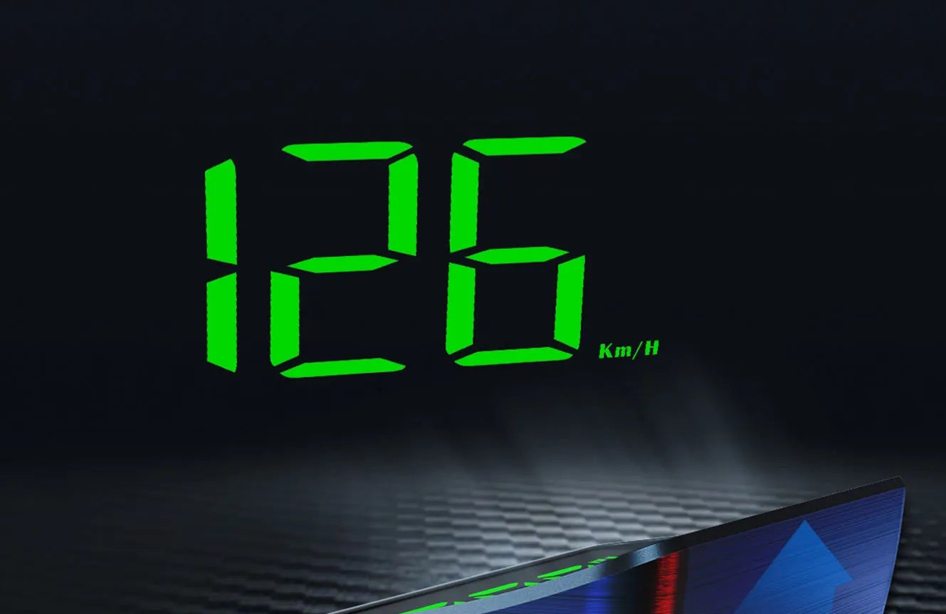 M2 GPS Head Up Display with digital display and text about hood integration and night visibility.