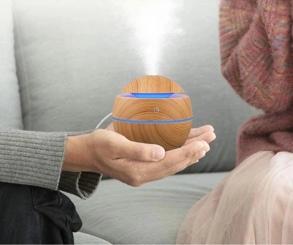 Mushroom USB Humidifier & Aroma Diffuser – Wood Grain with Colour LED Night Light