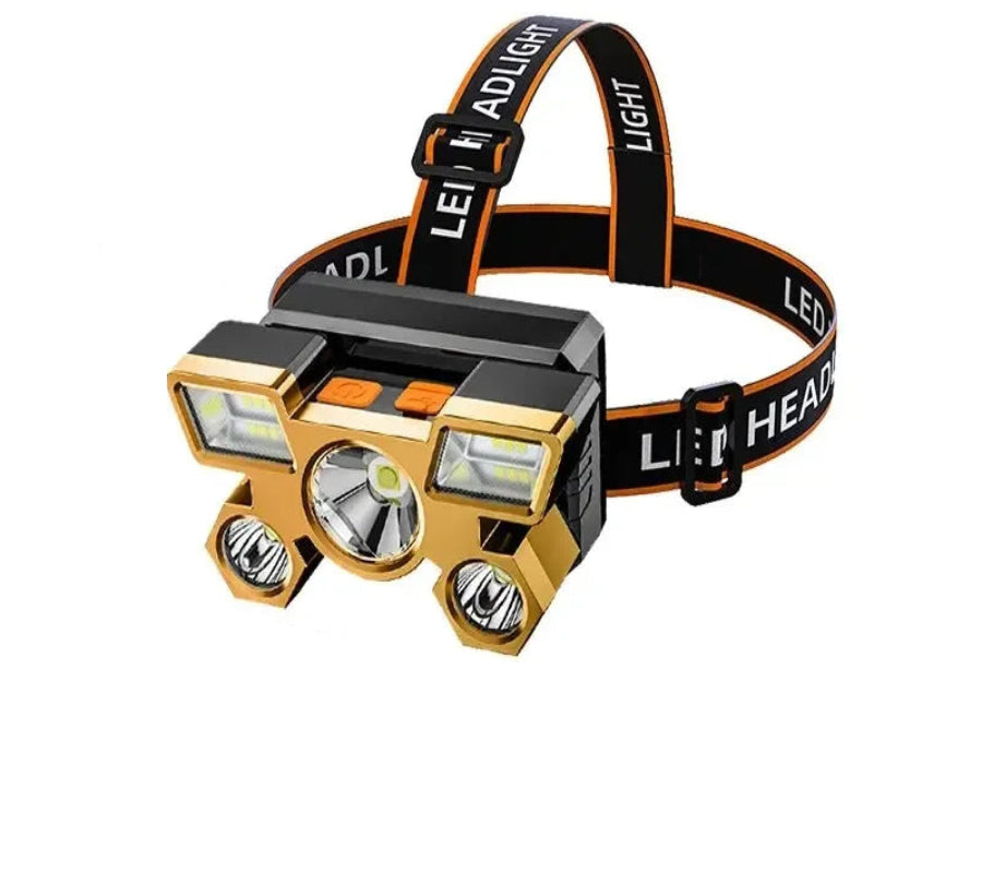 Five-headlight headlamp with USB charging and waterproof features on a white background